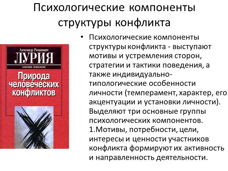 Психологические компоненты структуры конфликта Психологические компоненты структуры конфликта - выступают мотивы и устремления сторон,